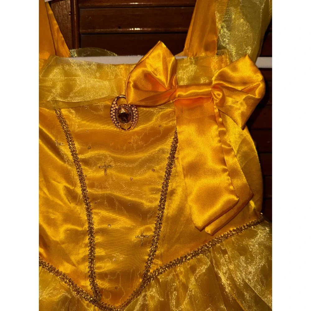 Yellow Belle Princess Costume Dress Kids Girls Gold Sequin Rose Detail Halloween